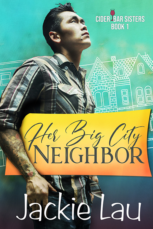 Her Big City Neighbor cover. Has photo of tattooed East Asian man, looking upward.