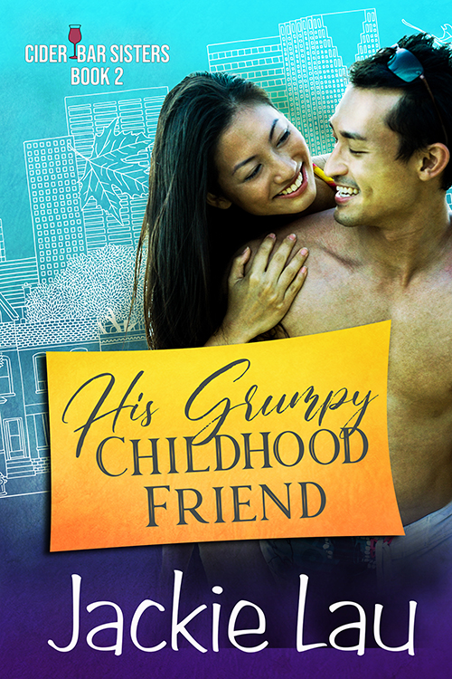 His Grumpy Childhood Friend cover. Includes photo of man and woman smiling and looking at each other.