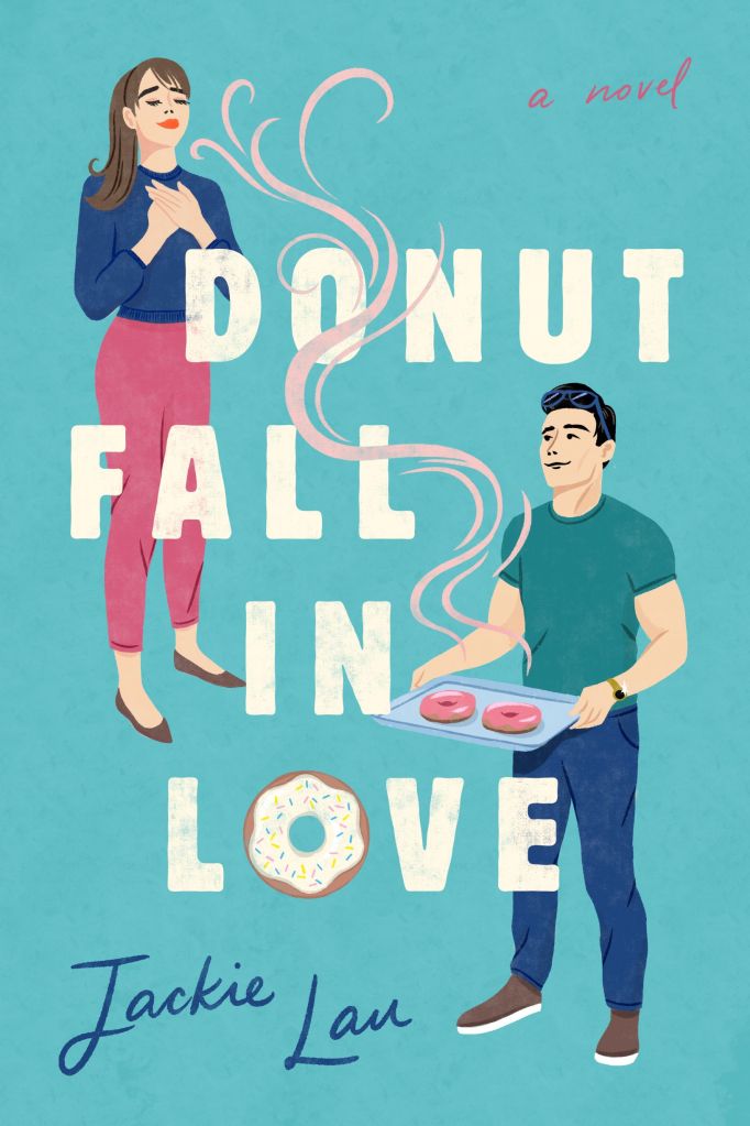 Illustrated cover of Donut Fall in Love: blue background. Two people (man and woman). Man is carrying tray with donuts. 