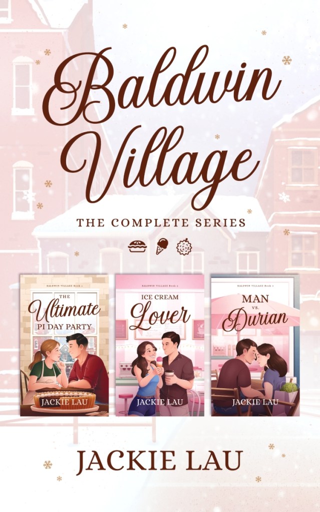 Cover for Baldwin Village: The Complete Series. Illustrated snowy street in background. Thumbnail covers of three books below title.